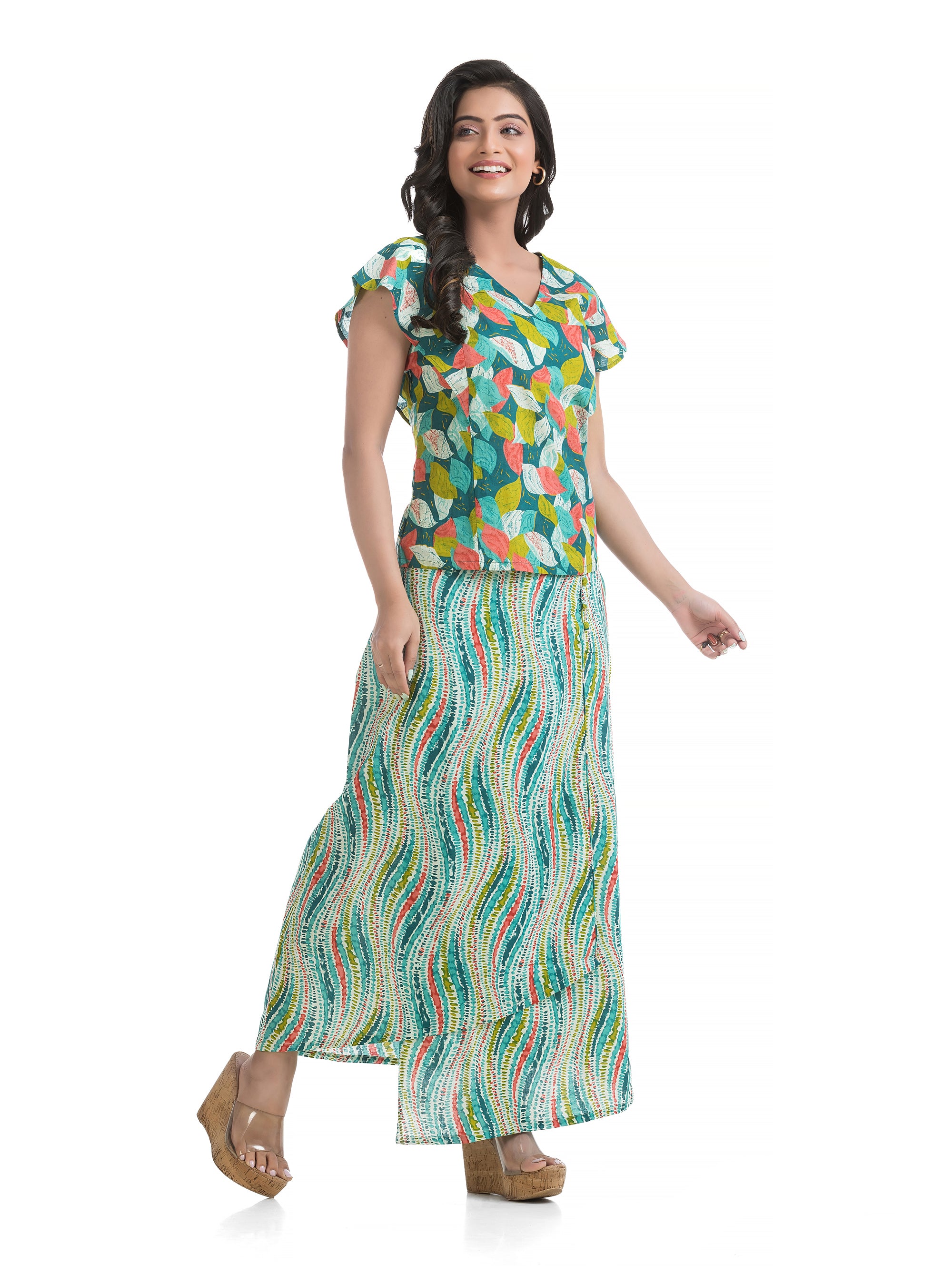 Green Leaf Printed V-Neck Top with Overlap Wavy Printed Skirt