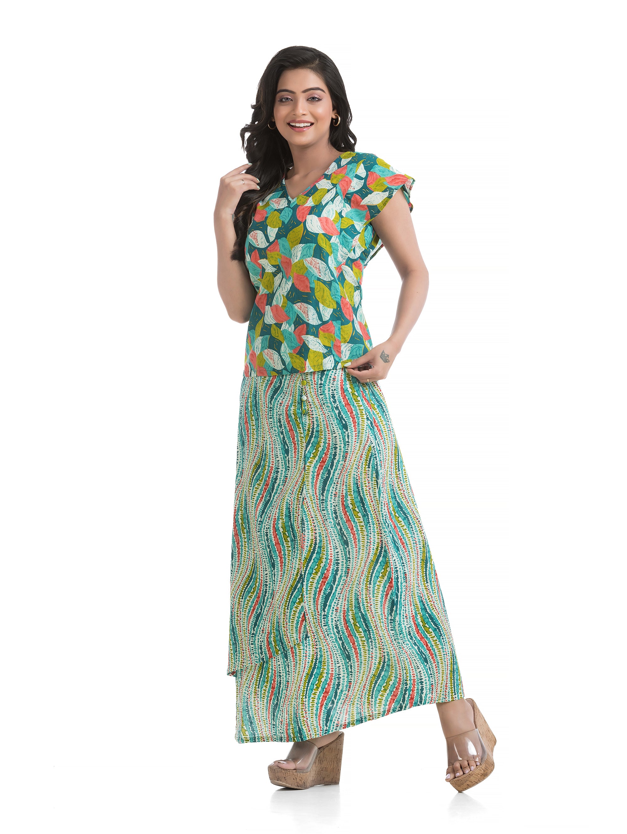Green Leaf Printed V-Neck Top with Overlap Wavy Printed Skirt