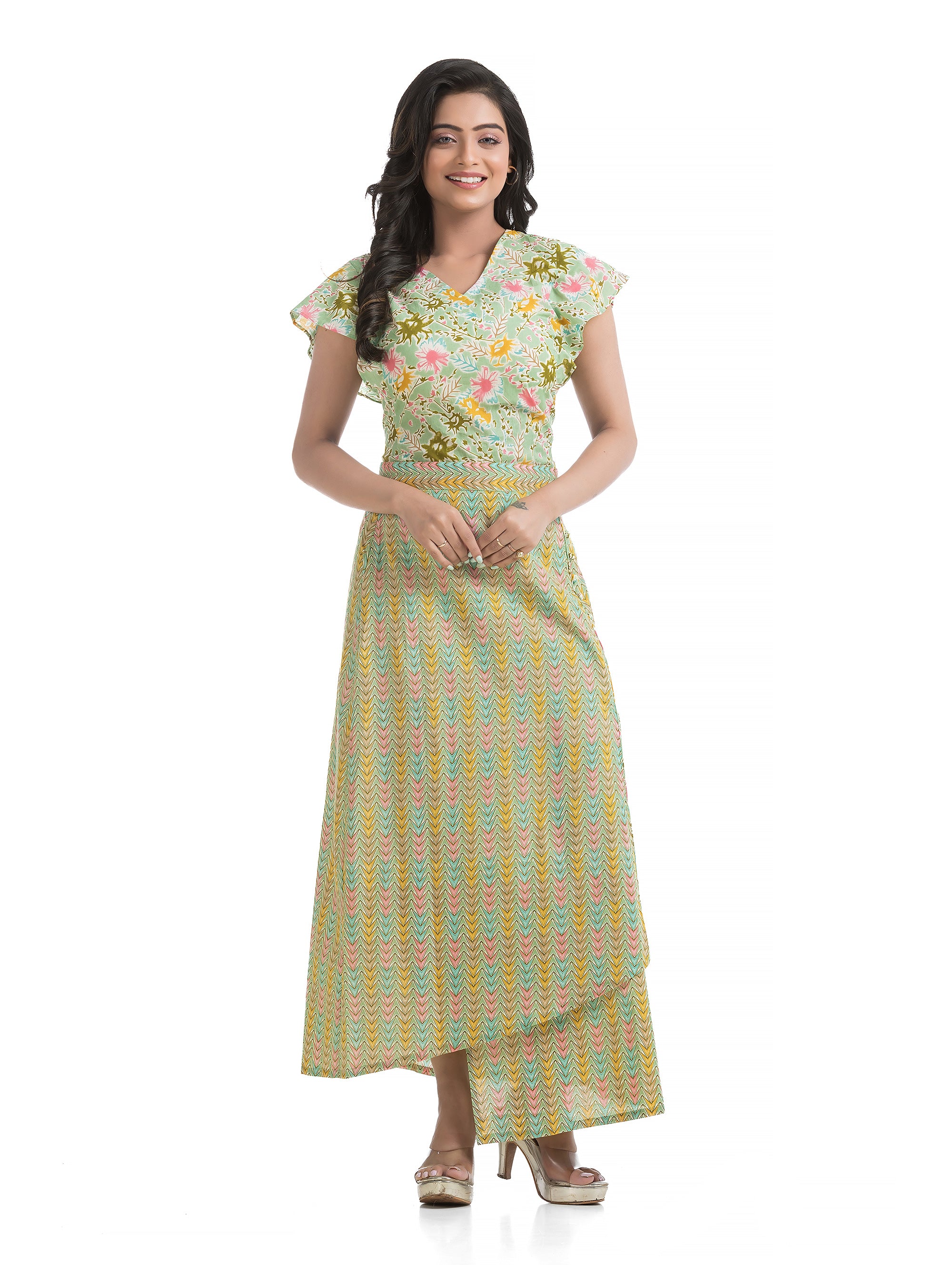 Light Green Ankle Length Skirt with Retro Style Top