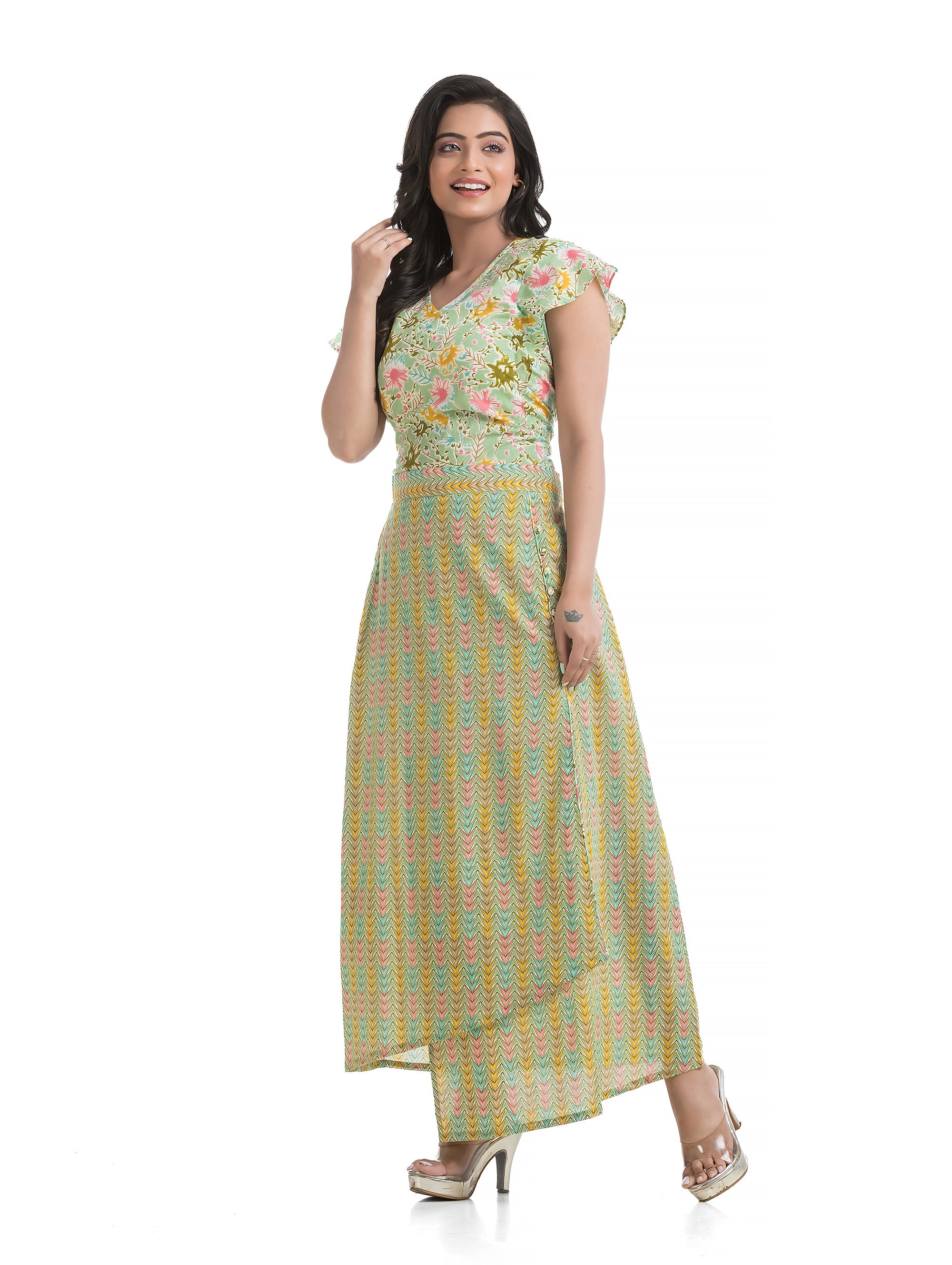 Light Green Ankle Length Skirt with Retro Style Top