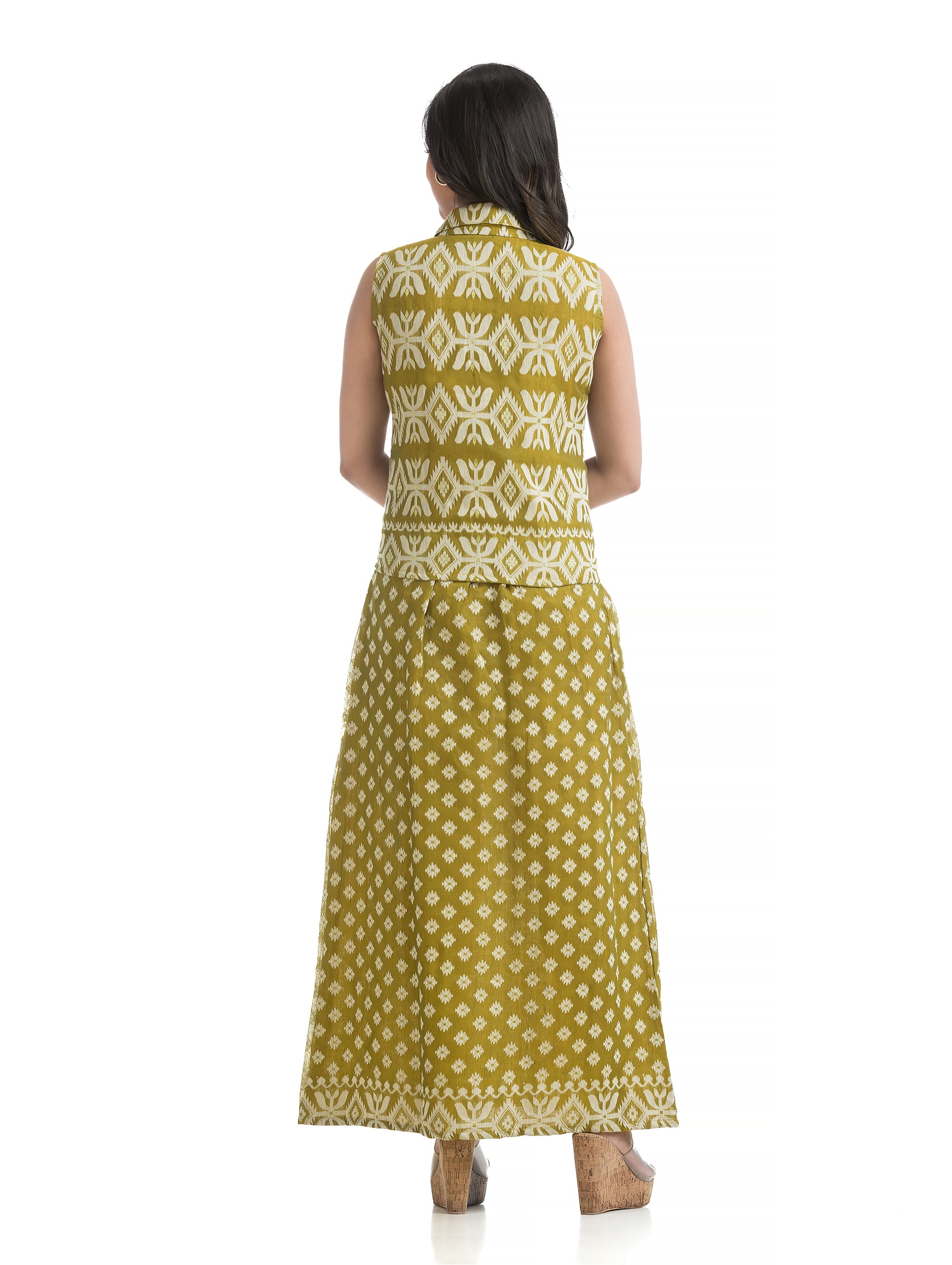 Pista Green Jamdani Pencil Skirt Set with Sleeveless Collar Top