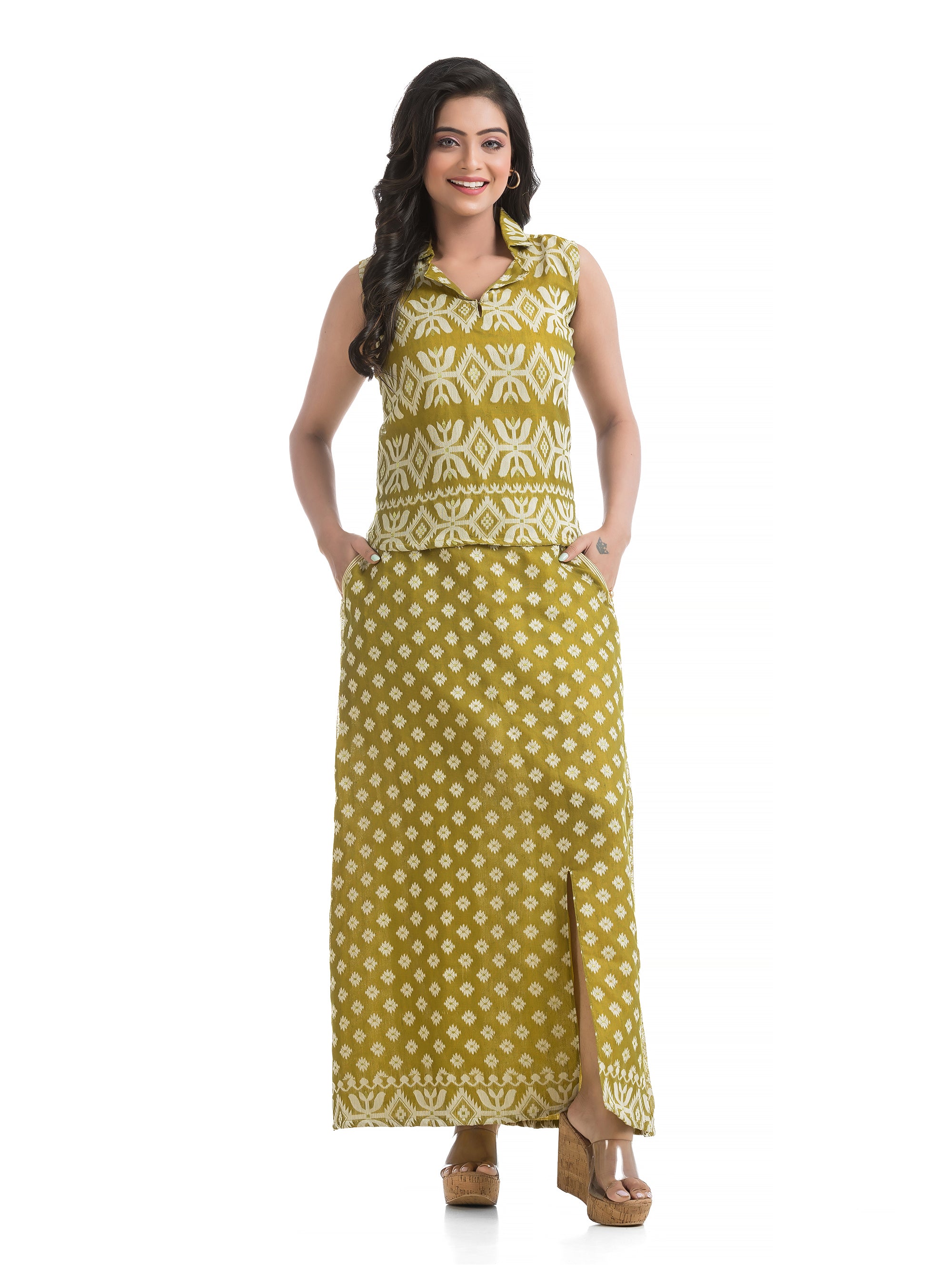Pista Green Jamdani Pencil Skirt Set with Sleeveless Collar Top