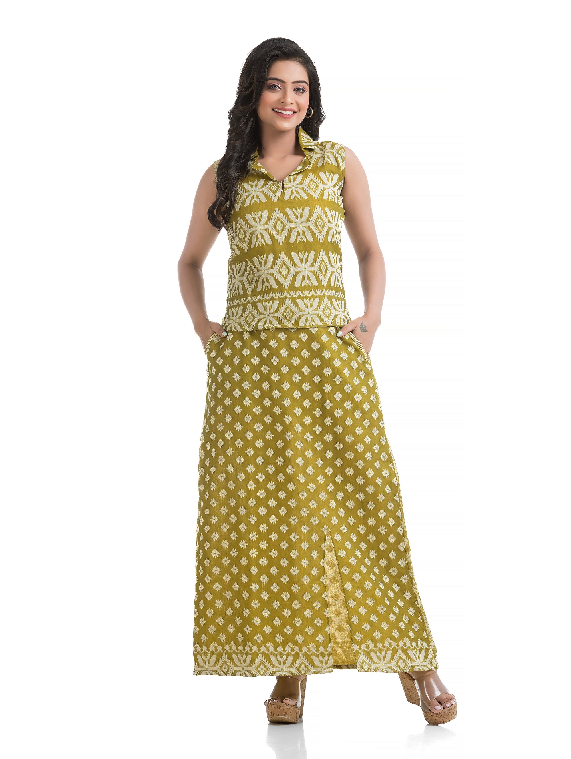 Pista Green Jamdani Pencil Skirt Set with Sleeveless Collar Top