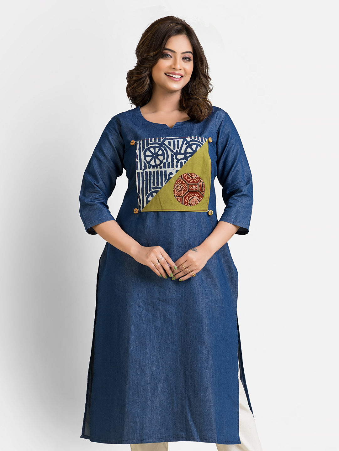 Women's 3/4 Sleeves Detachable Patchwork Denim Blue Kurta