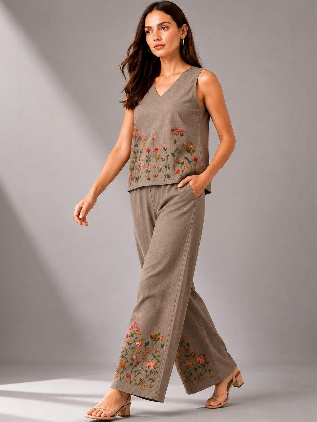 Women’s grey embroidered co-ord set featuring sleeveless top and wide-leg pants by Crazy Needle Online