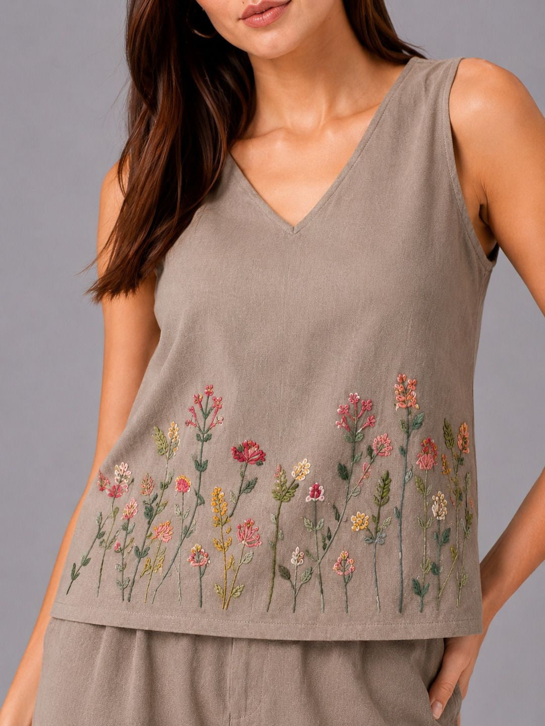 Women’s Grey Embroidered Co-Ord Set Sleeveless Top With Wide Leg Pants