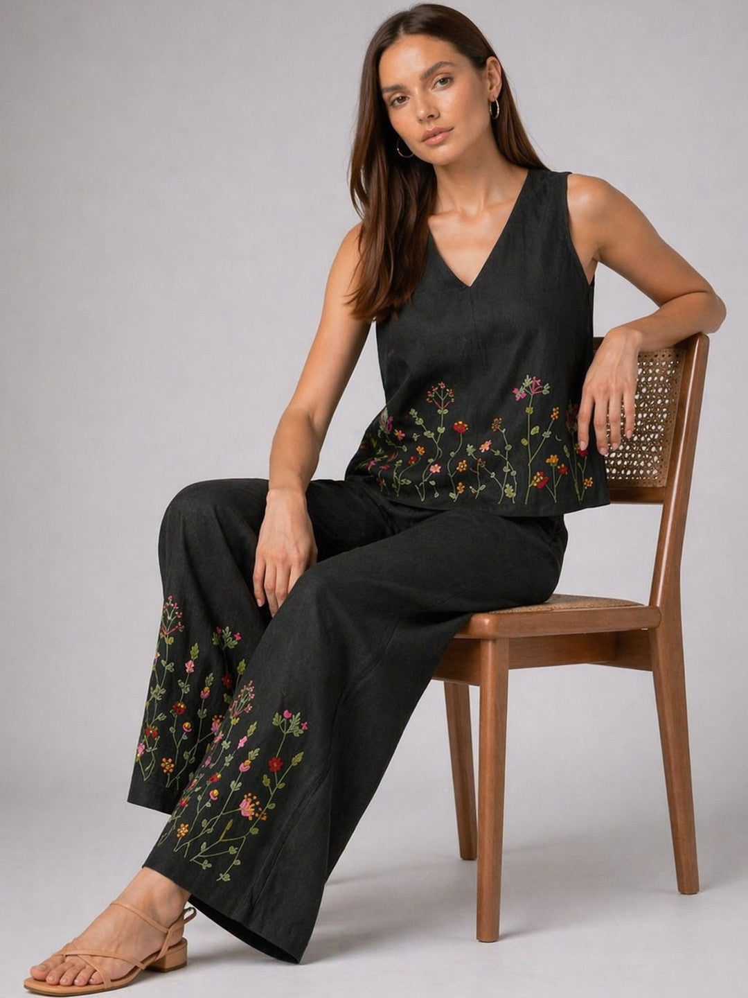 Women’s Black Embroidered Co-Ord Set Sleeveless Top With Wide Leg Pants