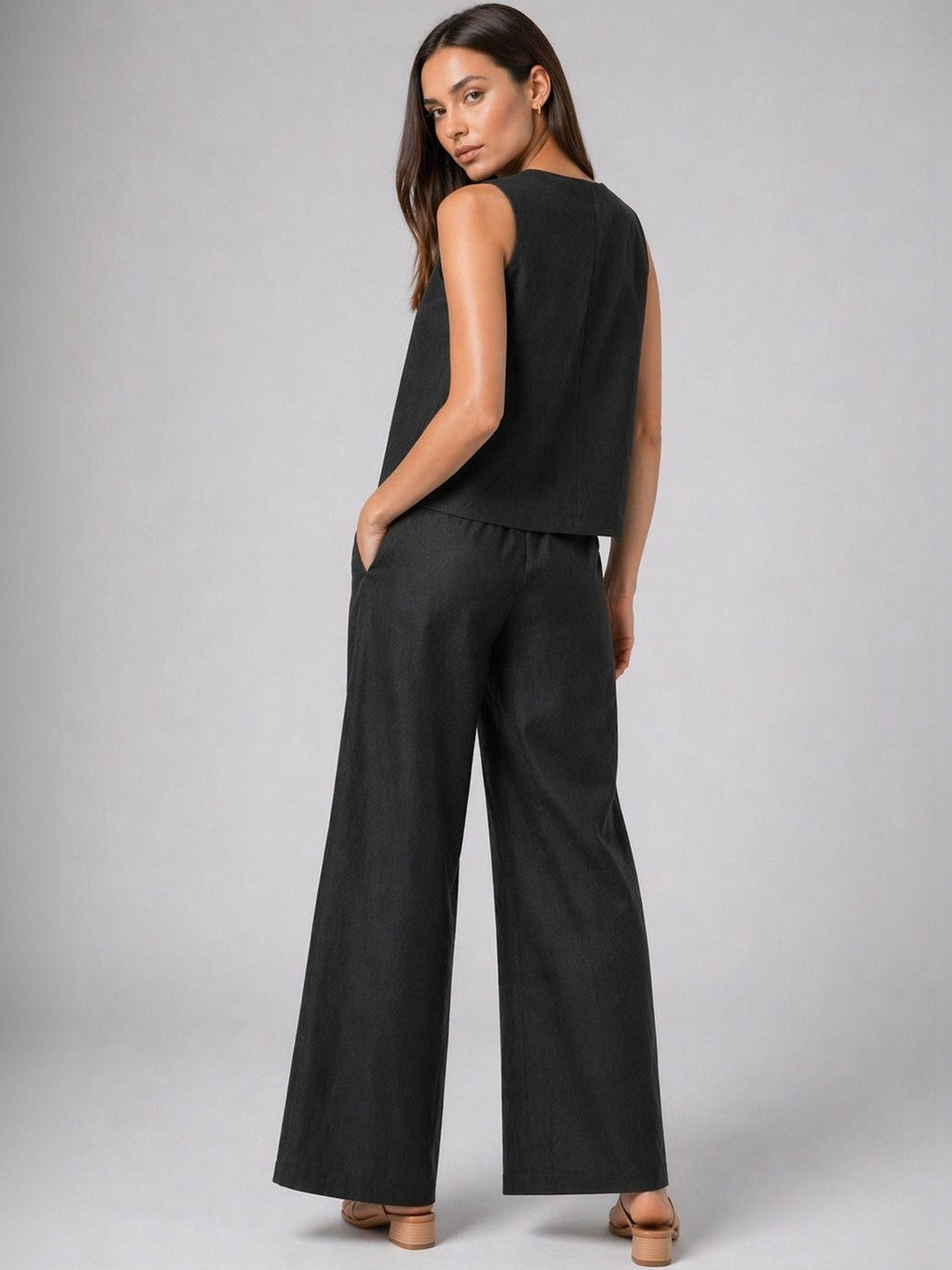 Women’s black embroidered co-ord set featuring a sleeveless top and wide-leg pants from Crazy Needle Online.