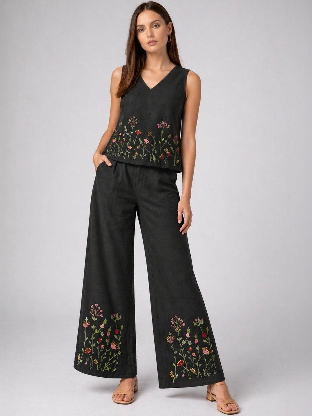 Women’s Black Embroidered Co-Ord Set Sleeveless Top With Wide Leg Pants
