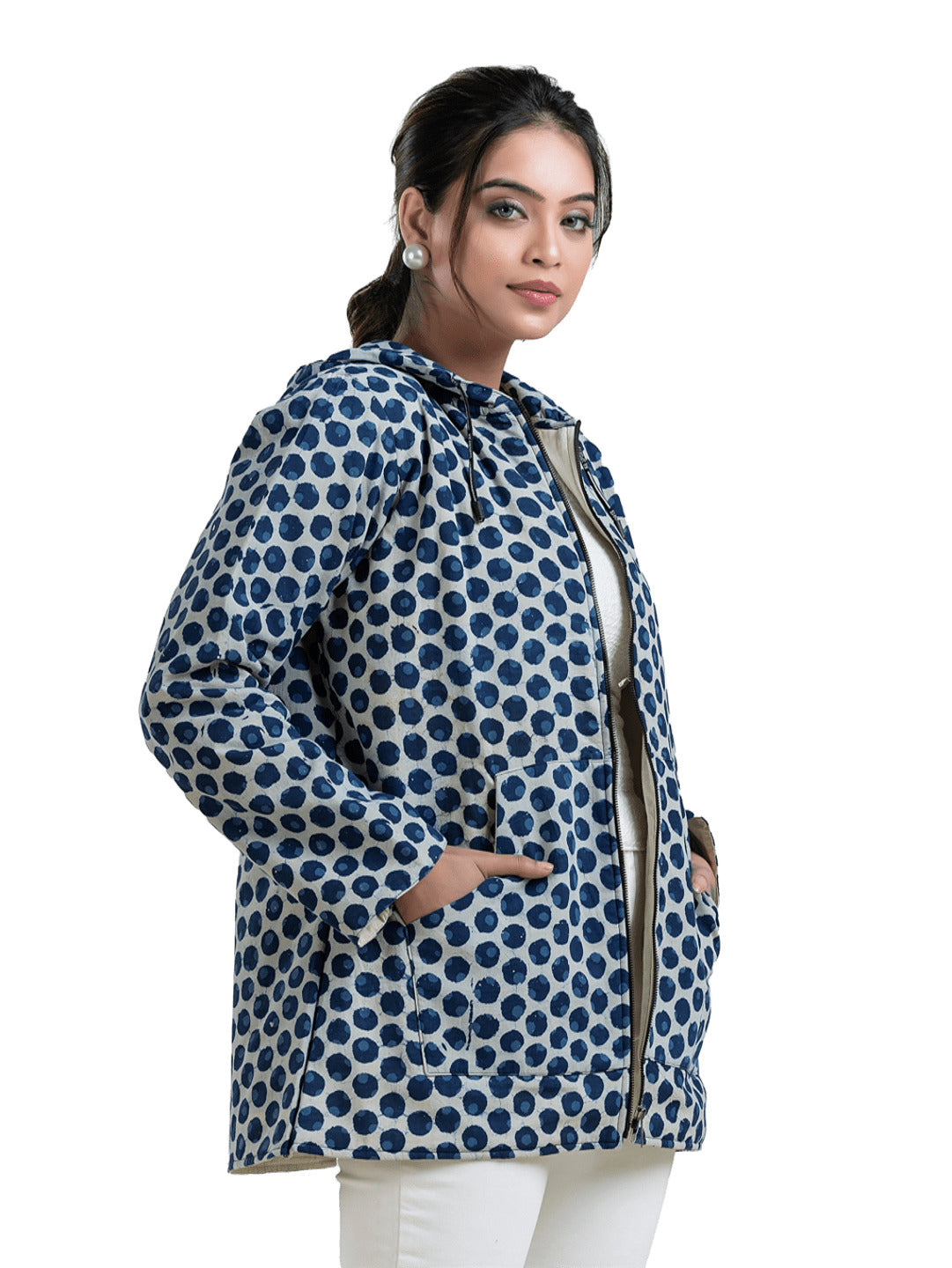 Women's Blue Hooded Cotton Jacket - Crazy Needle Online