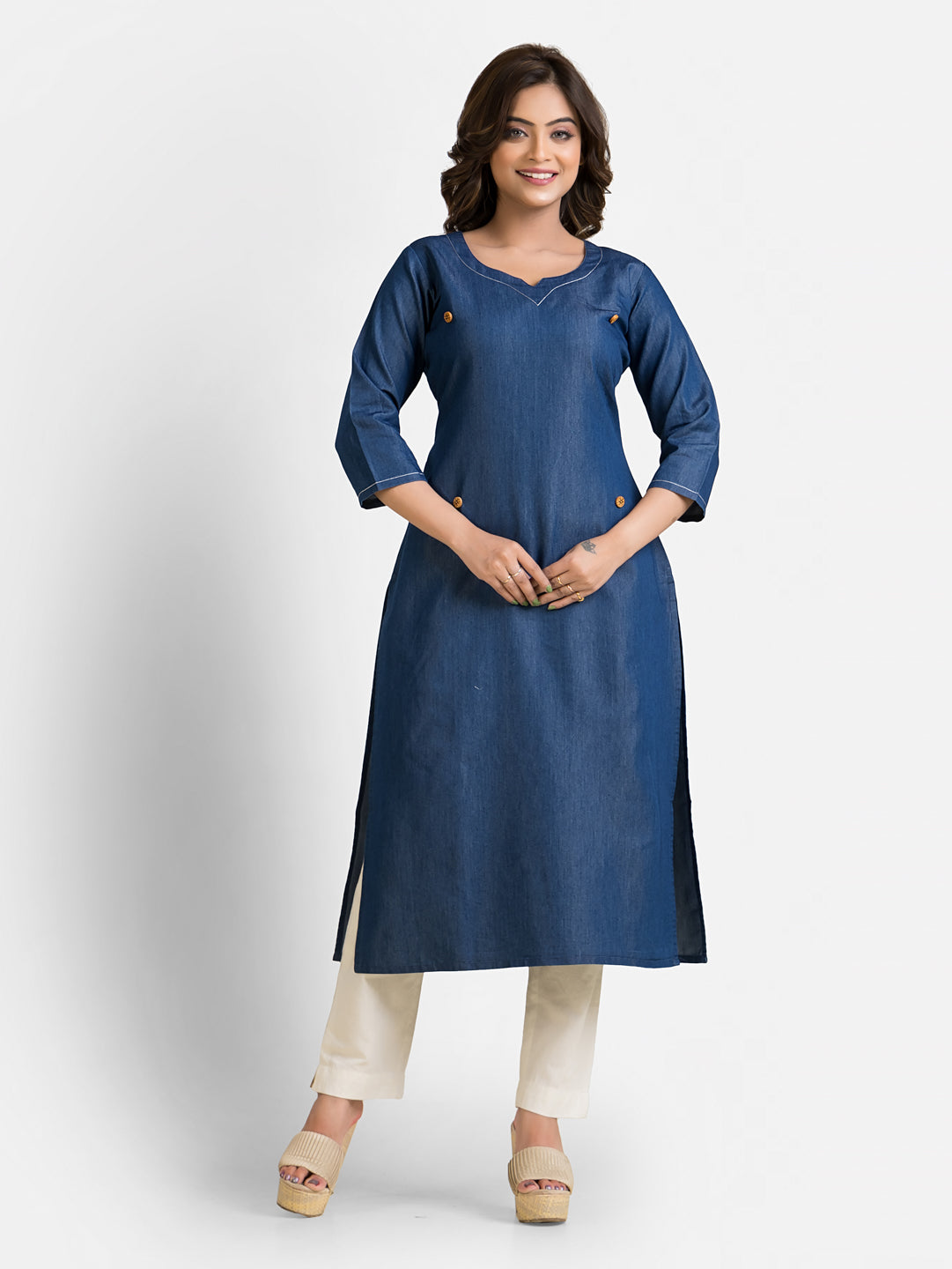 Women's Denim Kurta With White Neckline