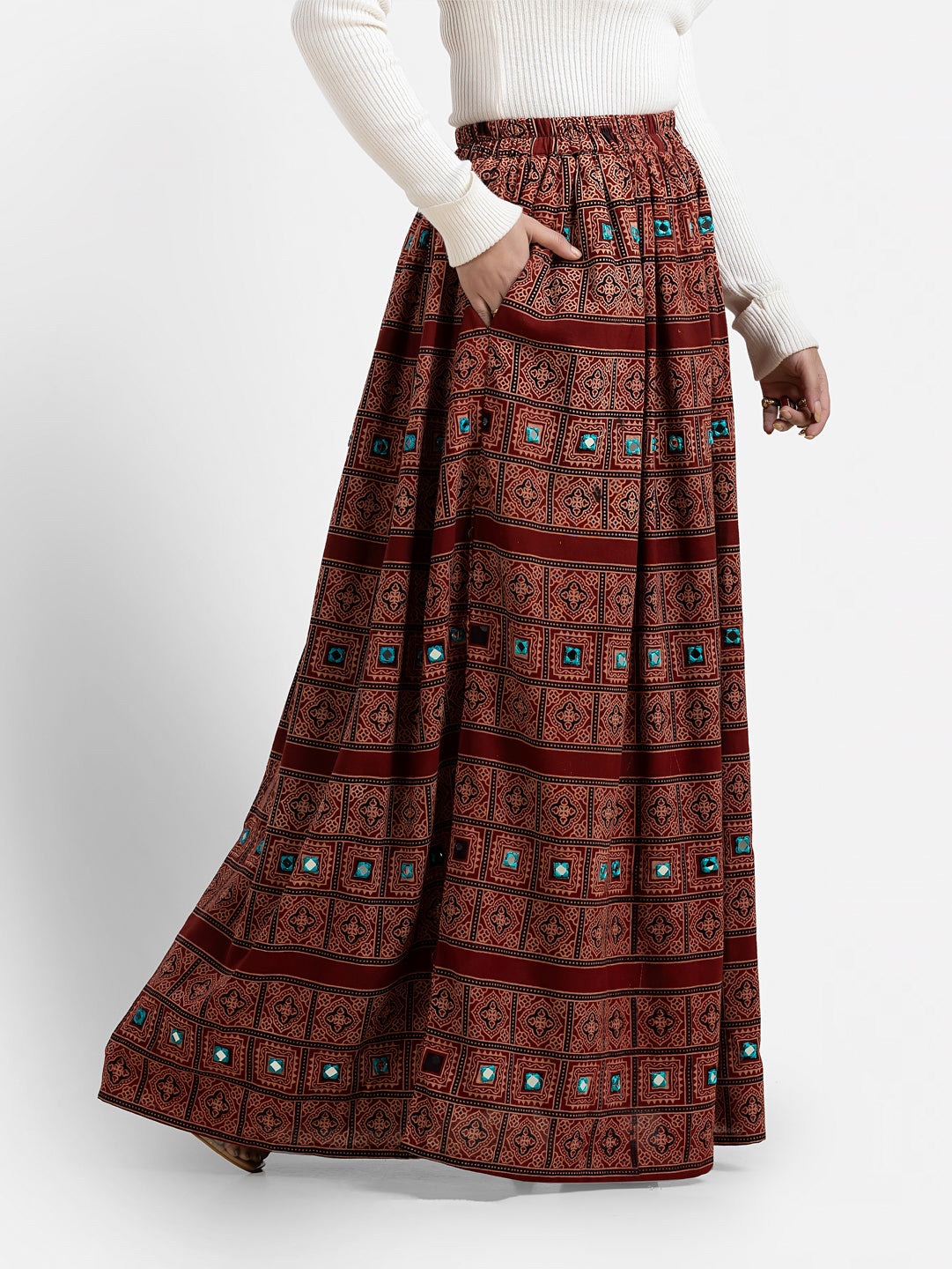 Maroon women's Ajrakh printed long skirt featuring traditional patterns, crafted by Crazy Needle Online.