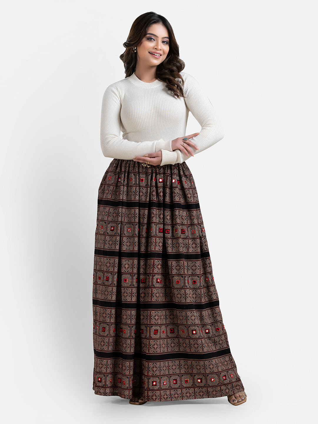 Women’s black paisley printed skirt from Crazy Needle Online, featuring a stylish and flowy design.