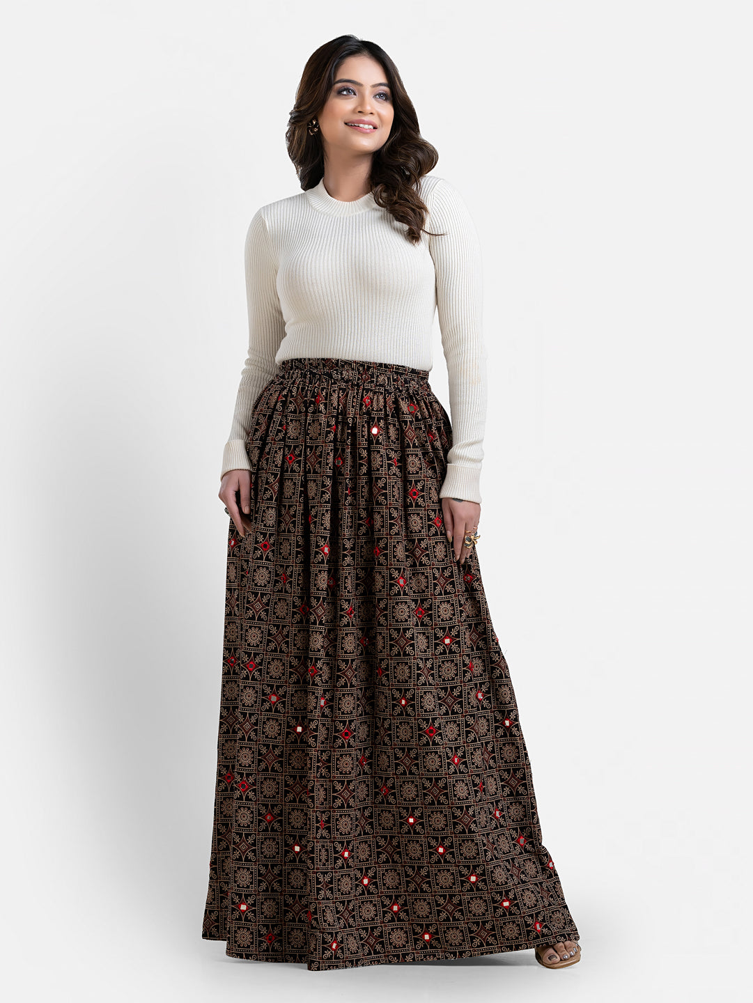Printed black women's skirt by Crazy Needle Online, featuring a stylish pattern and comfortable fit.