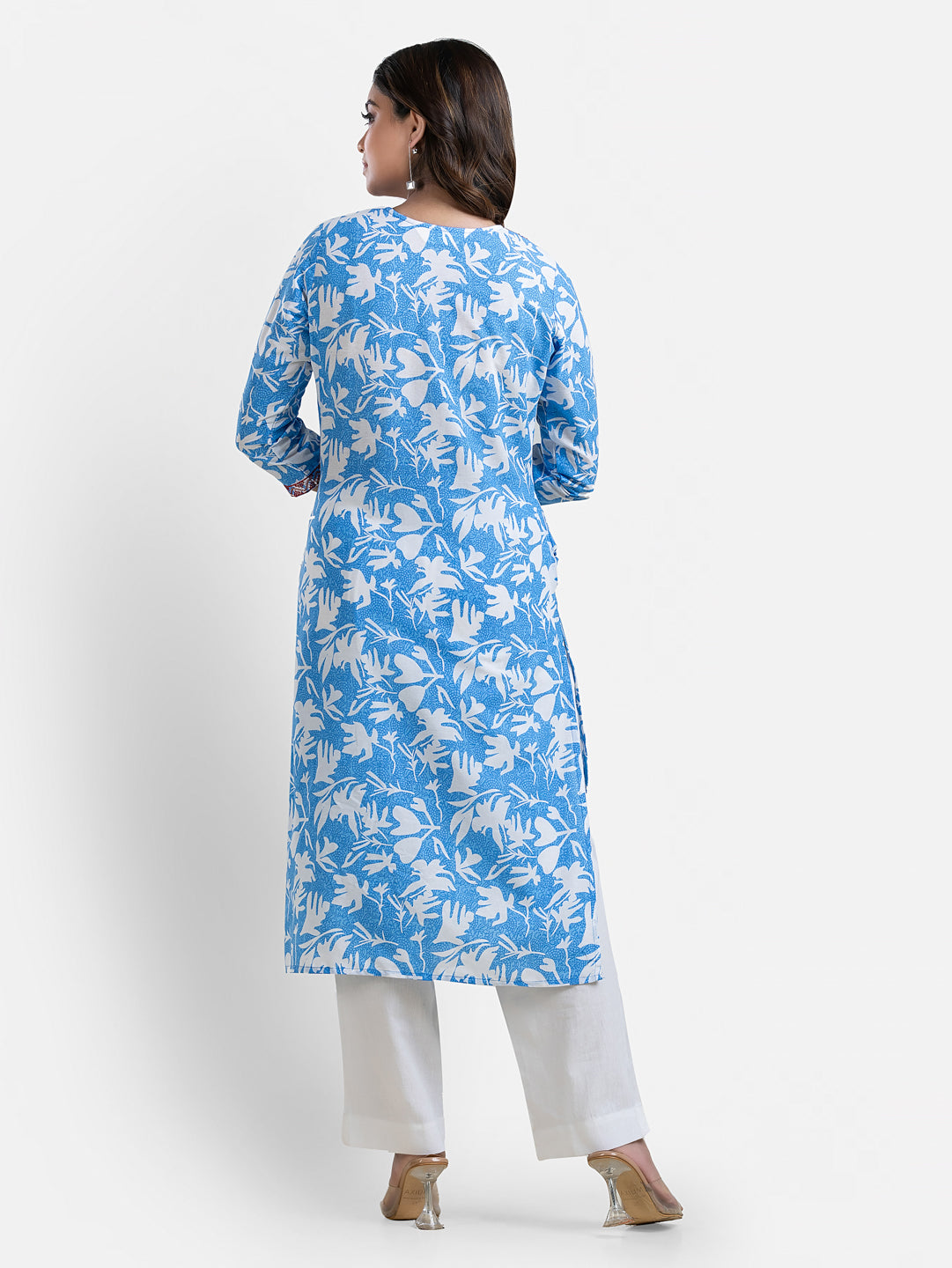Sky blue printed women's kurti with V-neck design by Crazy Needle Online, featuring floral patterns and comfortable fit.