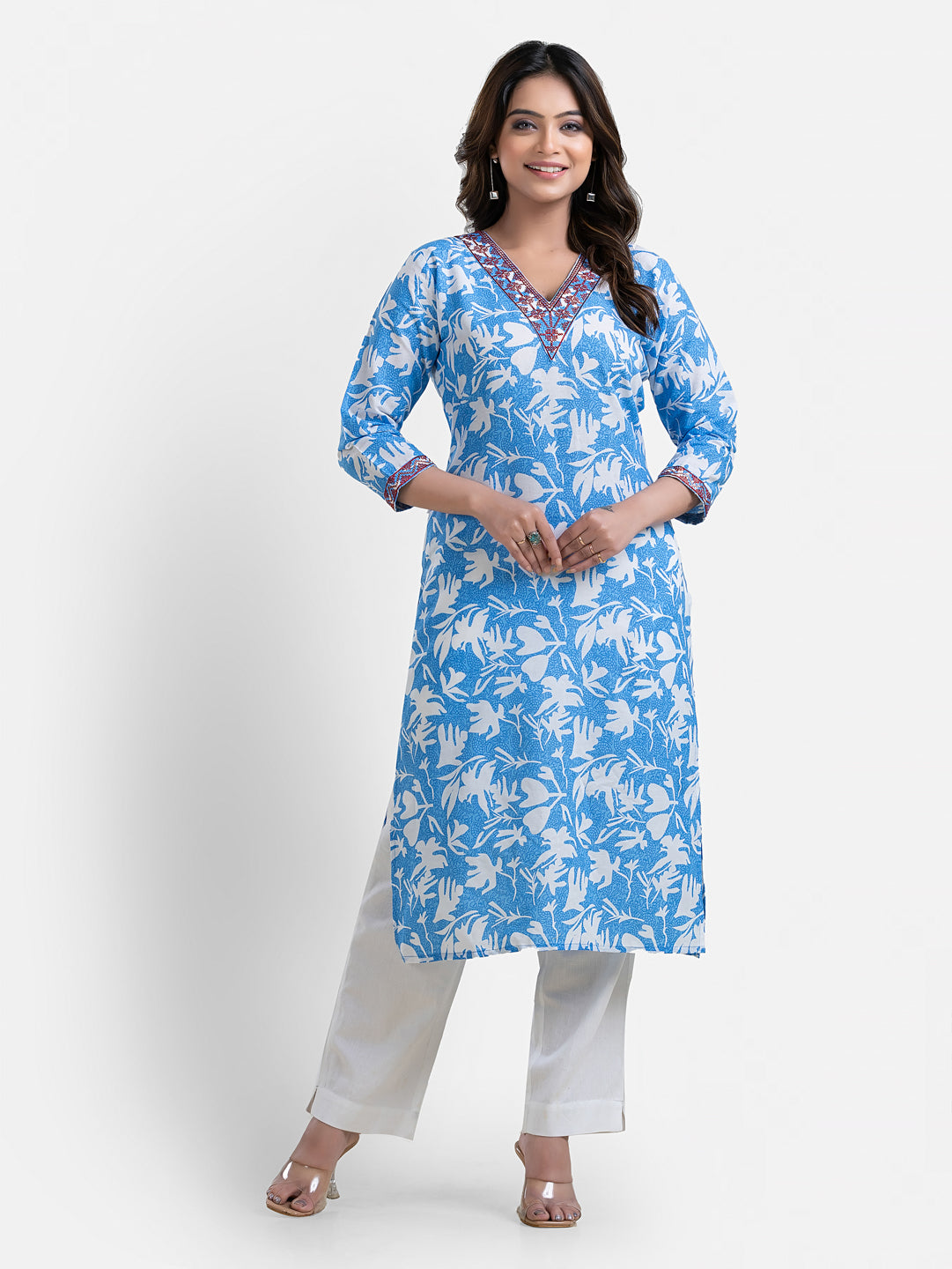 Sky blue printed women's kurti with V-neck design by Crazy Needle Online, featuring intricate patterns and comfortable fit.