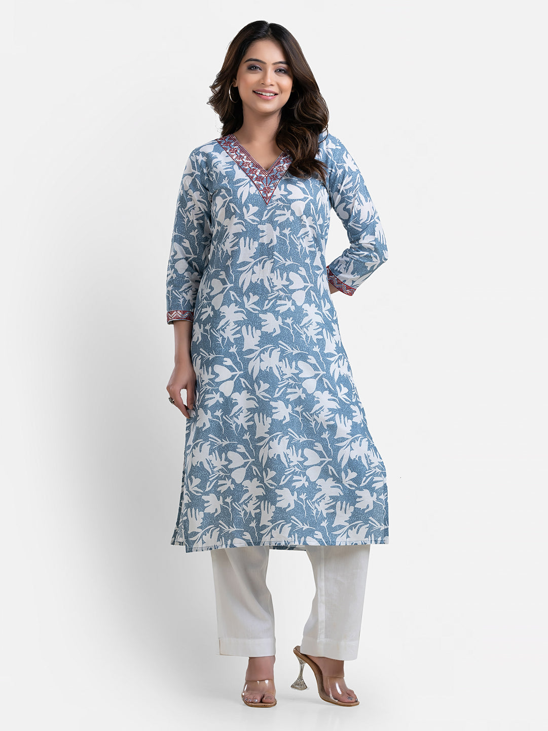 Light blue printed women's kurti with V-neck design from Crazy Needle Online, showcasing a stylish and comfortable Indian ethnic wear.