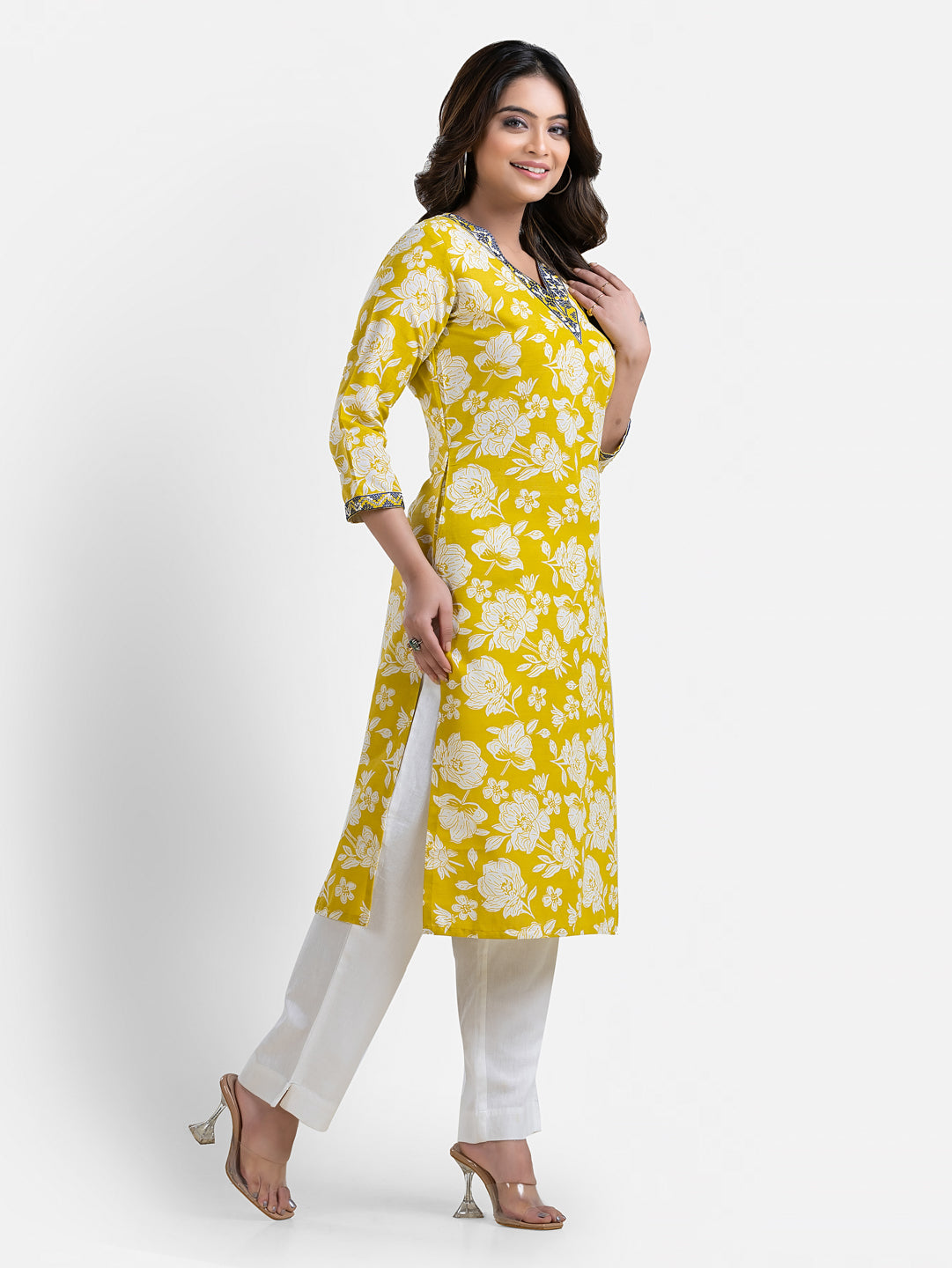 Yellow printed women's kurti with V-neck design, stylish and comfortable, from Crazy Needle Online.