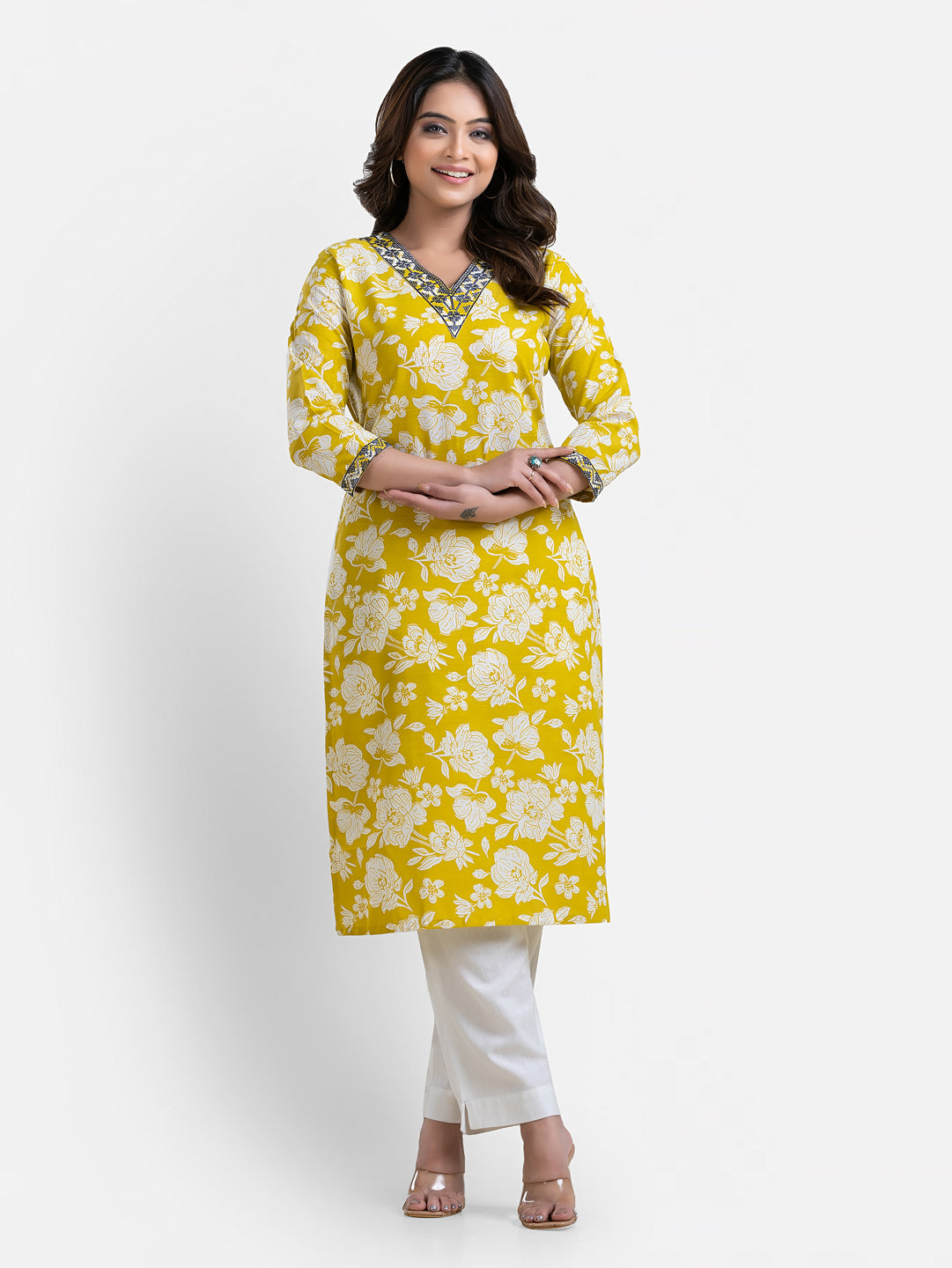 Yellow printed women's kurti with V-neck design from Crazy Needle Online, featuring a stylish and comfortable fit.