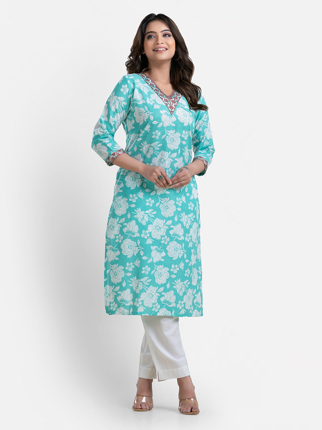 Green printed women's V-neck kurti by Crazy Needle Online, featuring a stylish design and comfortable fit.