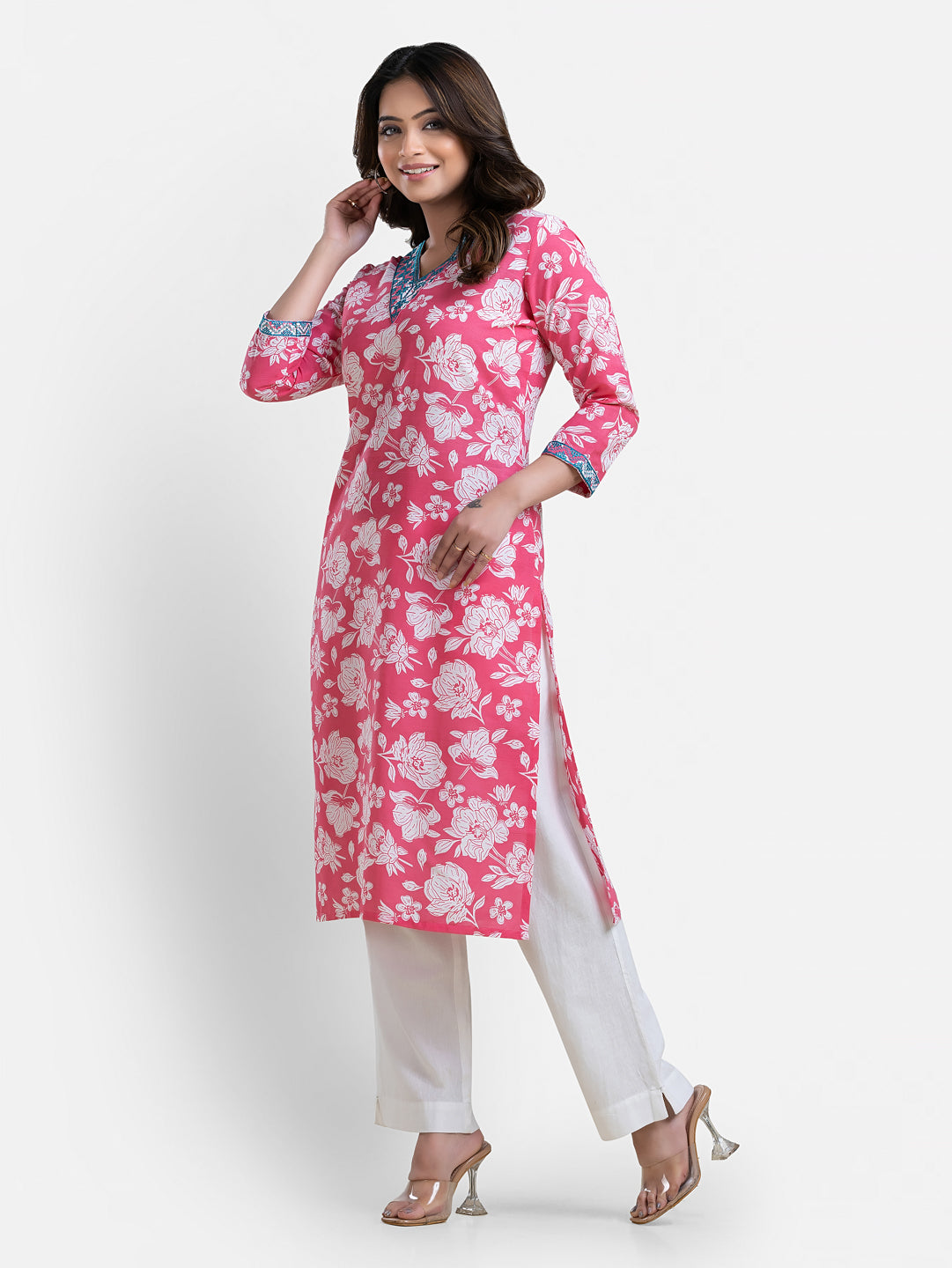 Pink printed women's V-neck kurti by Crazy Needle Online, showcasing a stylish design with floral patterns and comfortable fit.