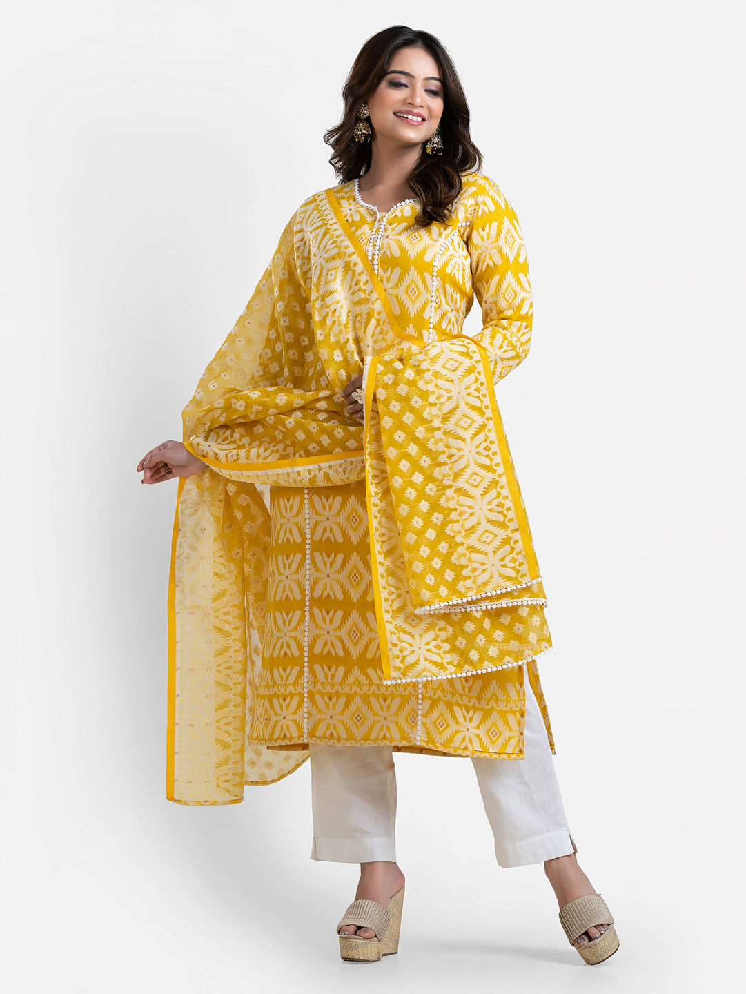 Yellow Jamdani print women's kurti with matching dupatta, stylish and traditional attire by Crazy Needle Online.