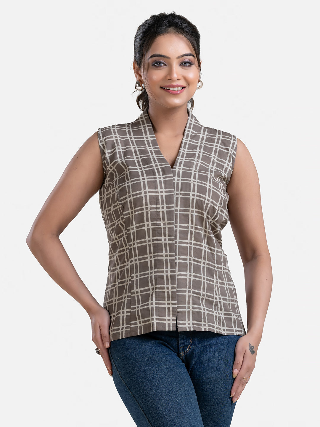 Women's grey cotton V neck sleeveless top by Crazy Needle Online, casual sleeveless top with a V neckline and comfortable fit.
