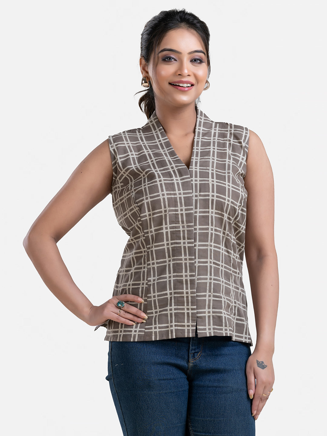 Women's V Neck Sleeveless Grey Cotton Top