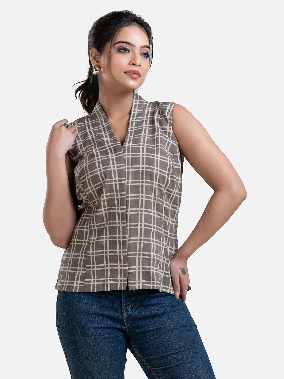 Women's grey cotton V-neck sleeveless top by Crazy Needle Online, shown on a model with a casual fit and sleeveless design.