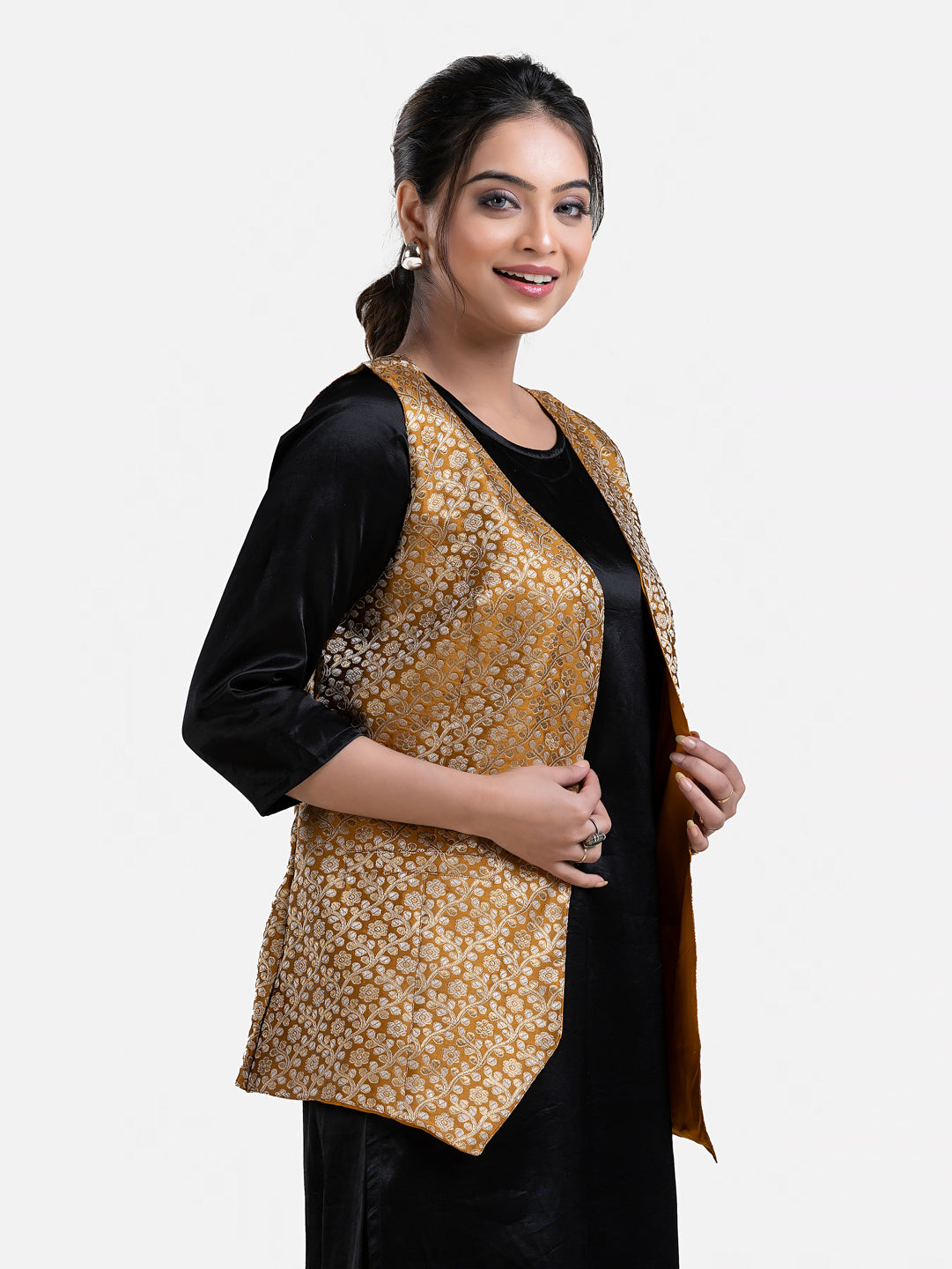 Women's yellow sleeveless brocade jacket with intricate embroidery, stylish and lightweight, by Crazy Needle Online.