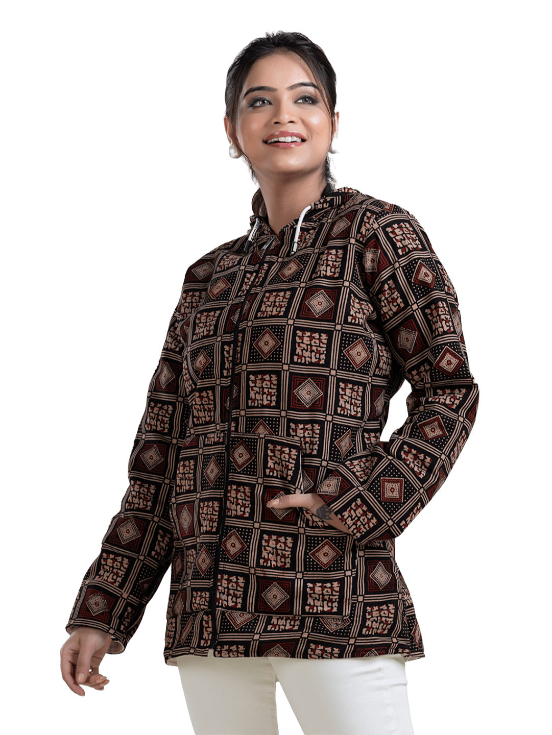 Women's Brown Cotton Hooded Jacket - Crazy Needle Online