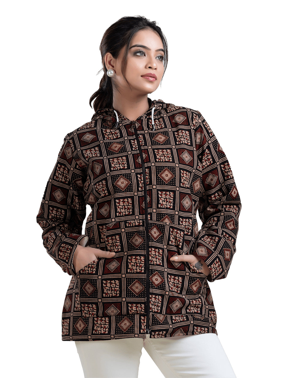 Women's Brown Cotton Hooded Jacket - Crazy Needle Online