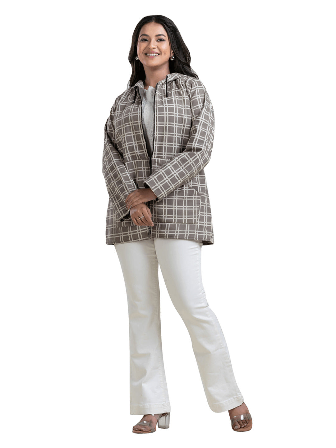 Women's Grey Box Print Cotton Hooded Jacket - Crazy Needle Online