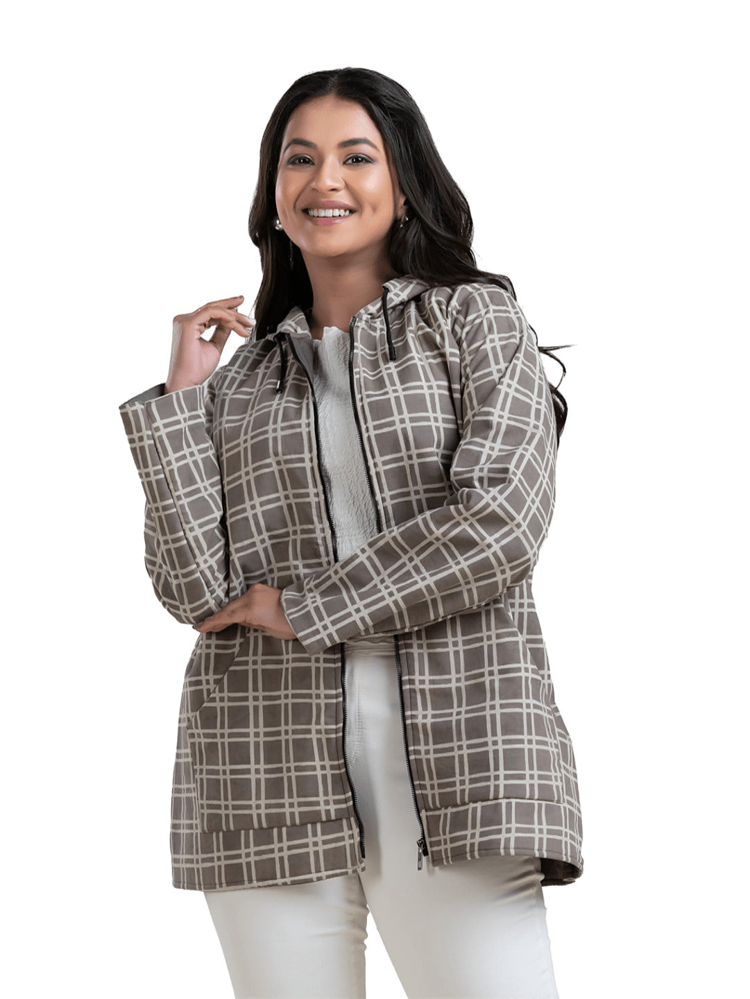 Women's Grey Box Print Cotton Hooded Jacket - Crazy Needle Online