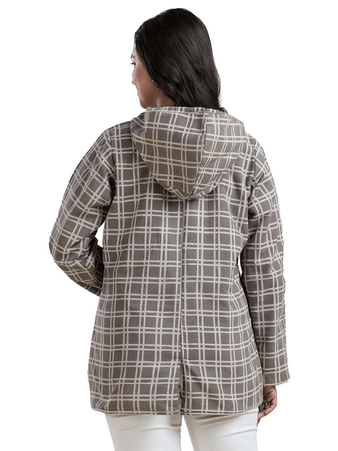 Women's Grey Box Print Cotton Hooded Jacket - Crazy Needle Online