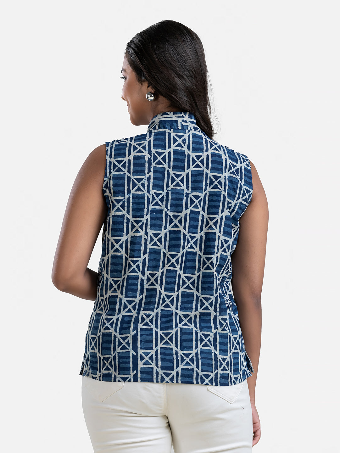 Women's V Neck Sleeveless Blue Cotton Top