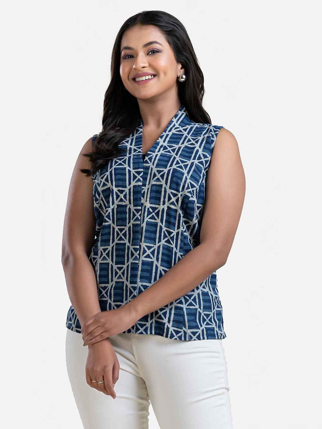 Women's V Neck Sleeveless Blue Cotton Top