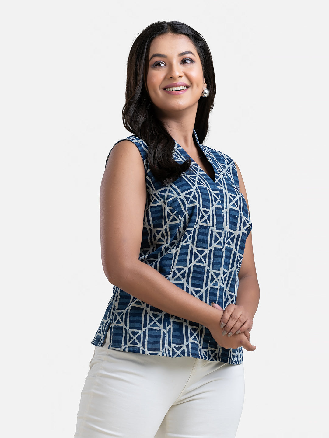 Women's V Neck Sleeveless Blue Cotton Top