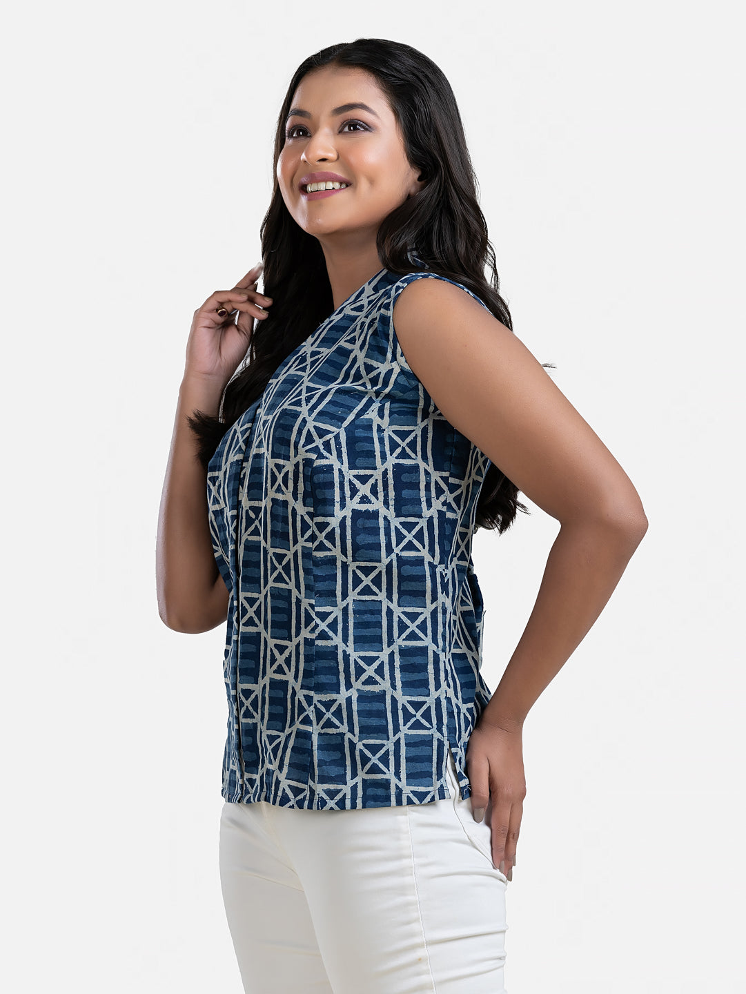 Women's V Neck Sleeveless Blue Cotton Top