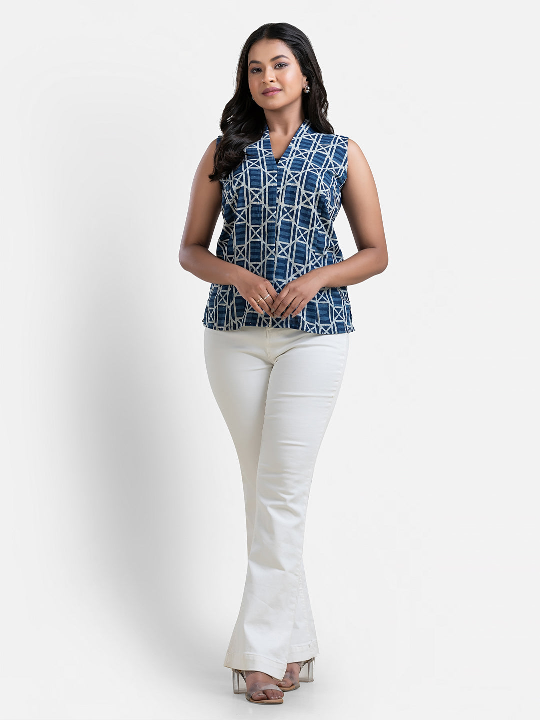 Women's V Neck Sleeveless Blue Cotton Top