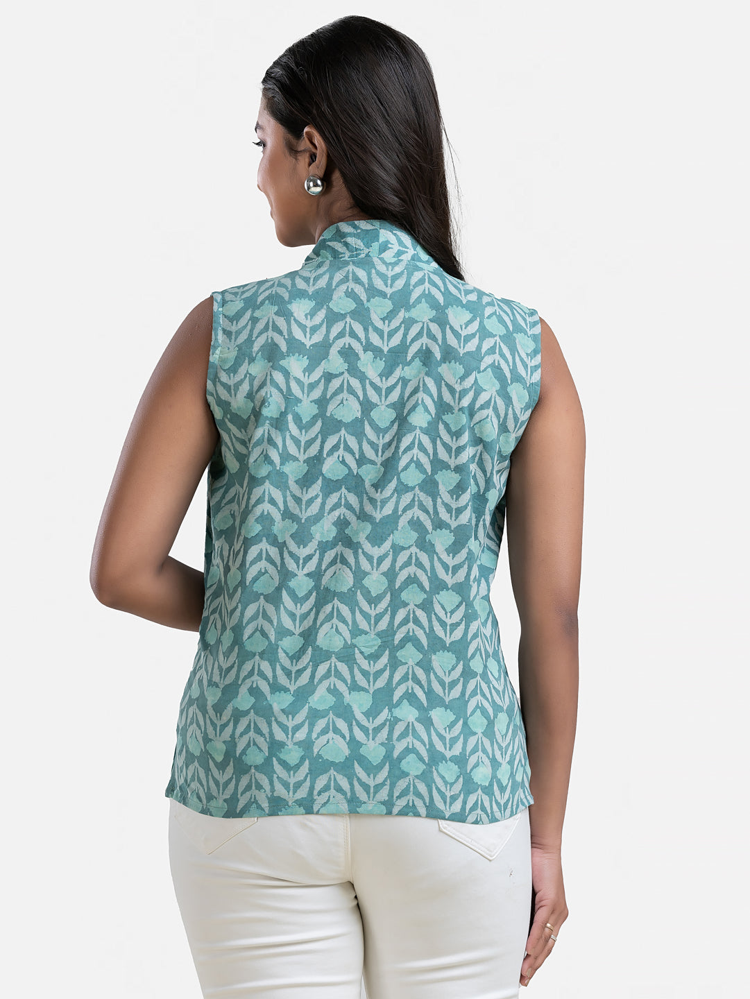Women's V Neck Sleeveless Sea Green Cotton Top