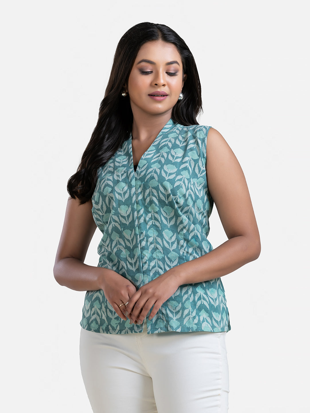 Women's V Neck Sleeveless Sea Green Cotton Top