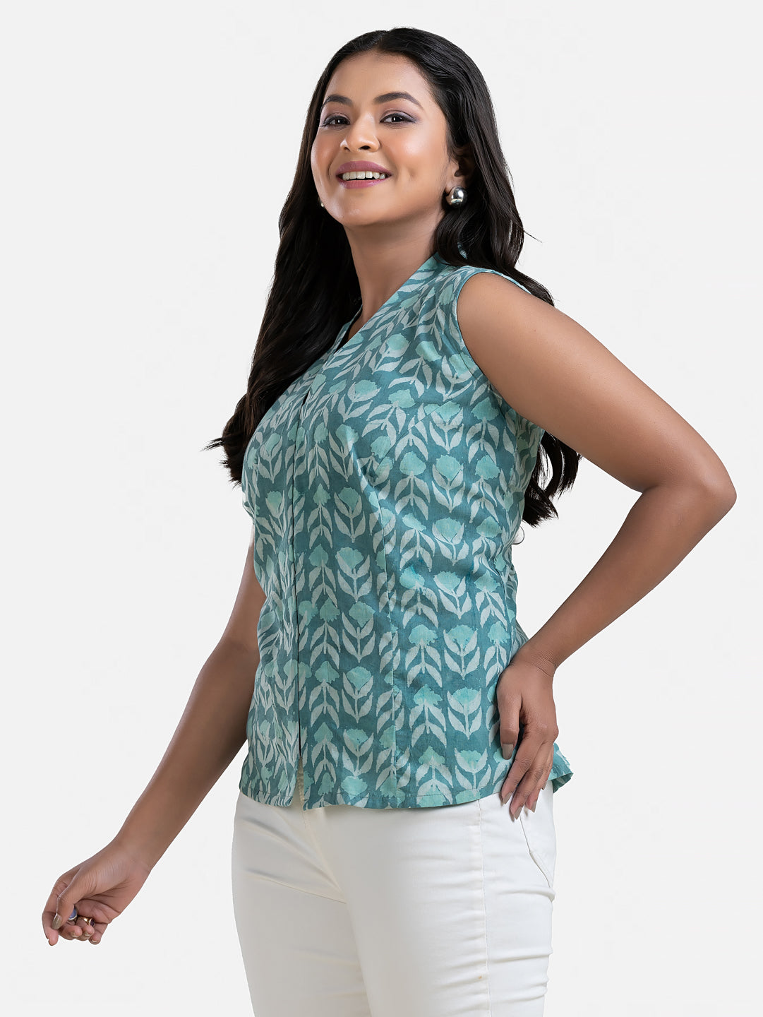 Women's V Neck Sleeveless Sea Green Cotton Top