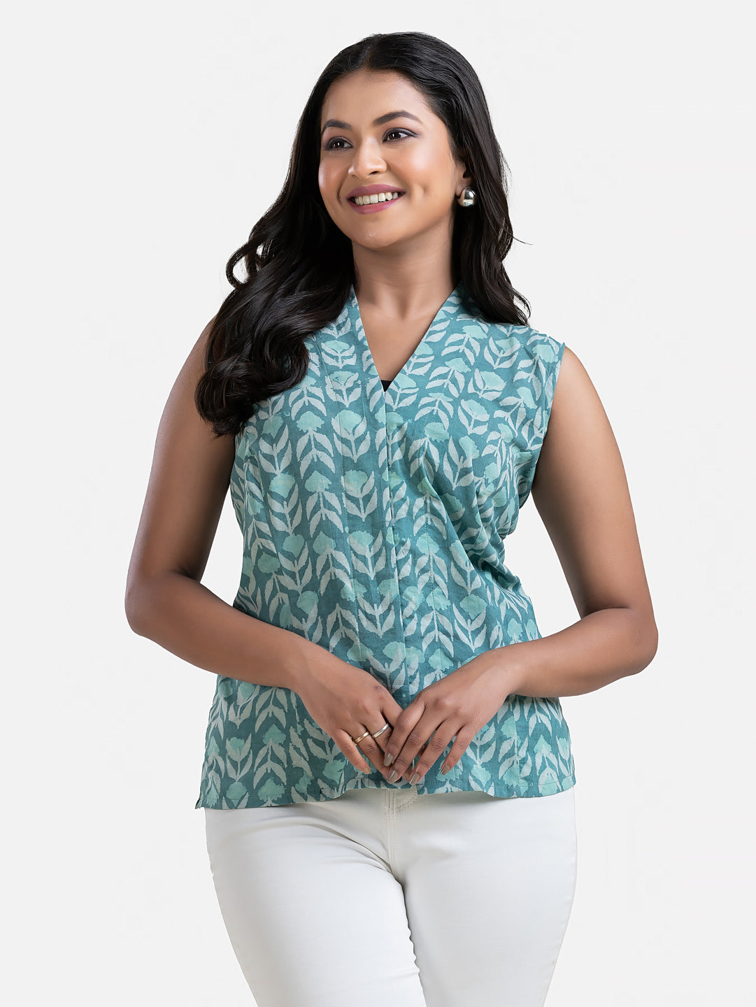 Women's V Neck Sleeveless Sea Green Cotton Top