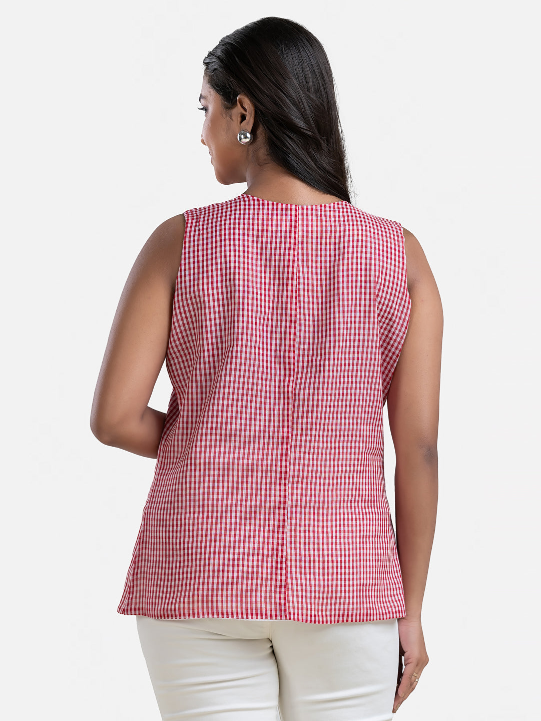 Red sleeveless women's top from Crazy Needle Online, Dhonekhali style, featuring a comfortable fit and casual design.