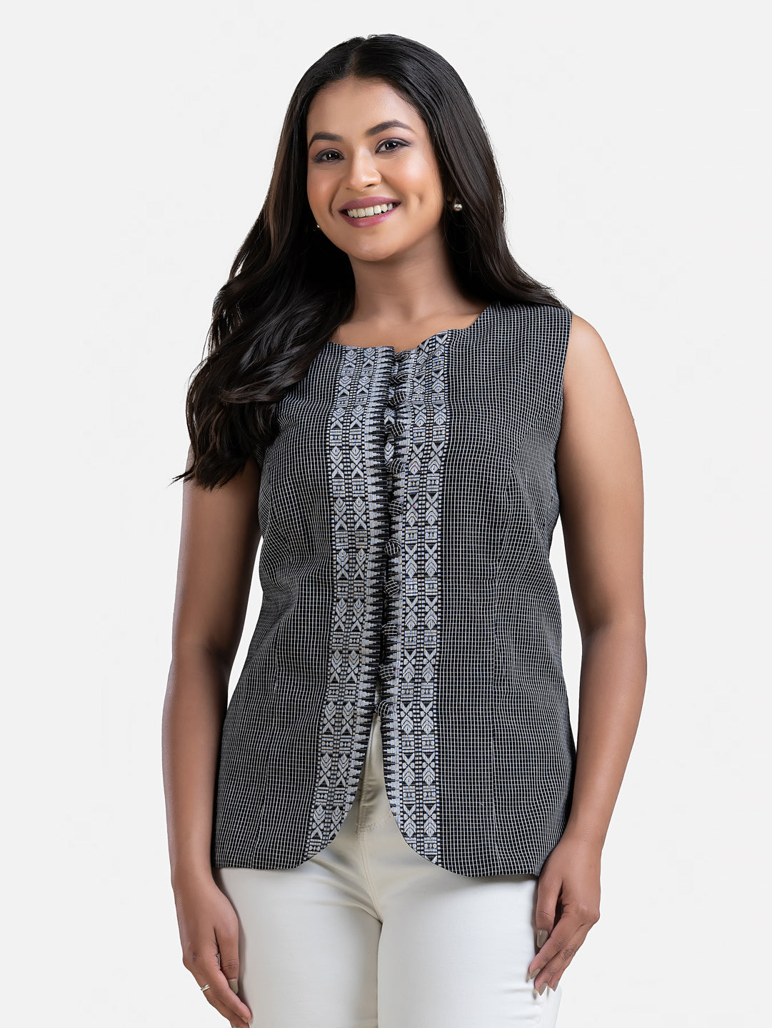Black sleeveless women's top by Crazy Needle Online, Dhonekhali style, featuring a simple, stylish design for casual wear.