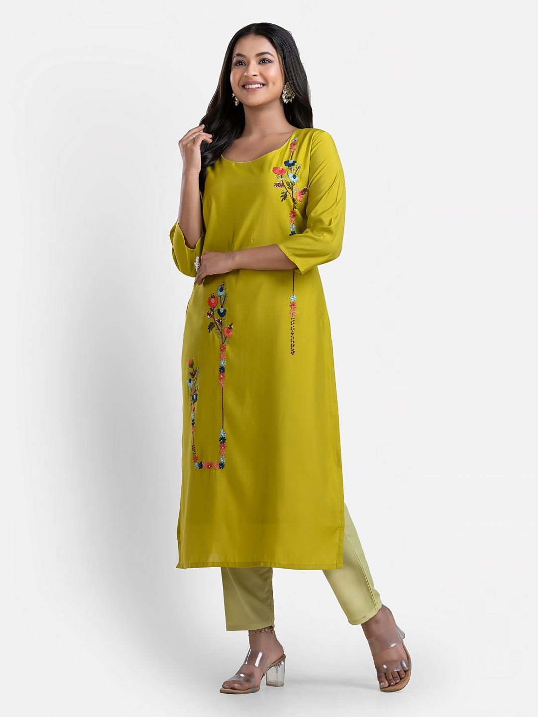 Women's 3/4 th sleeves Minimalistic Bloom Green Kurti