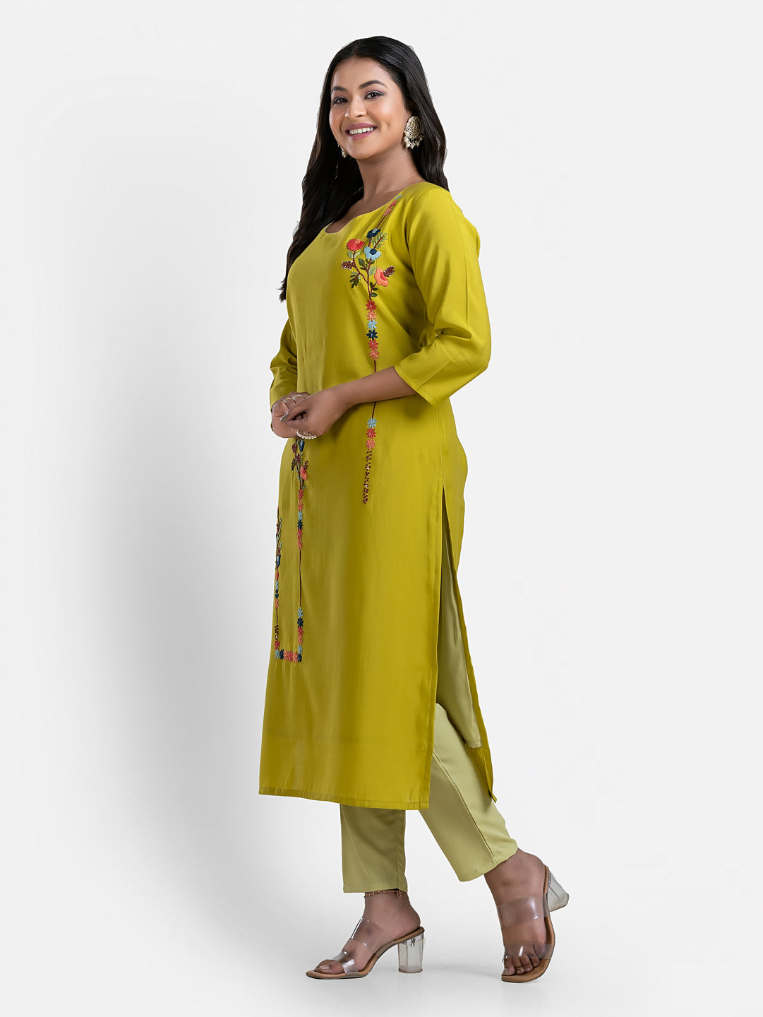 Women's 3/4 th sleeves Minimalistic Bloom Green Kurti