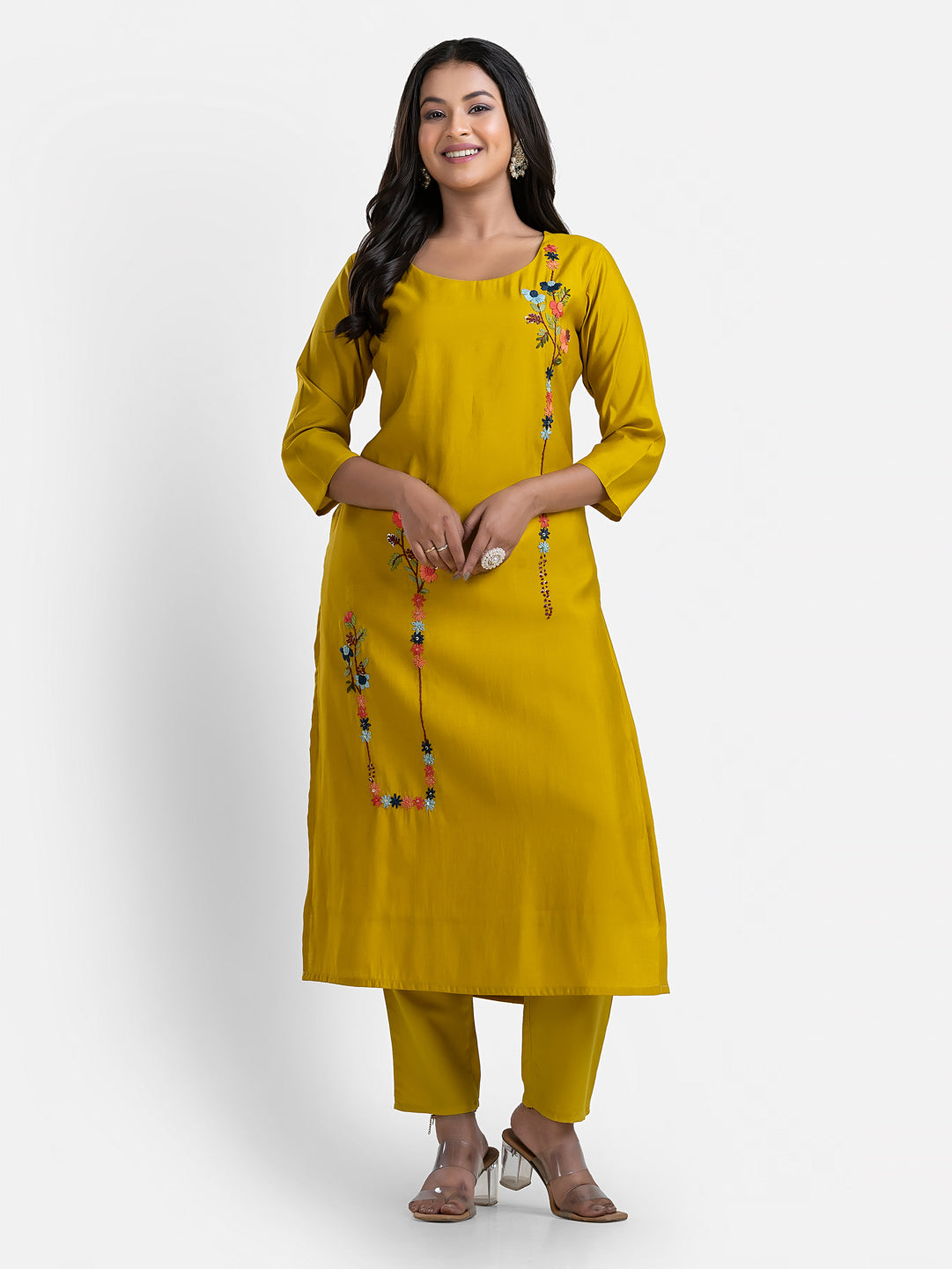 Women's 3/4 th sleeves Minimalistic Bloom Yellow Kurti
