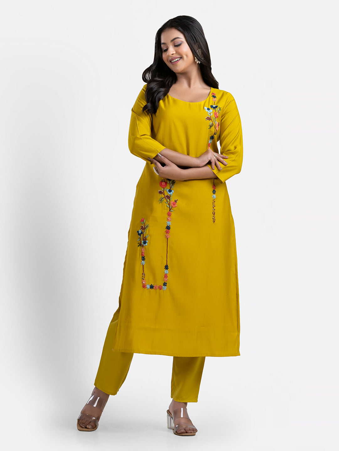Women's 3/4 th sleeves Minimalistic Bloom Yellow Kurti